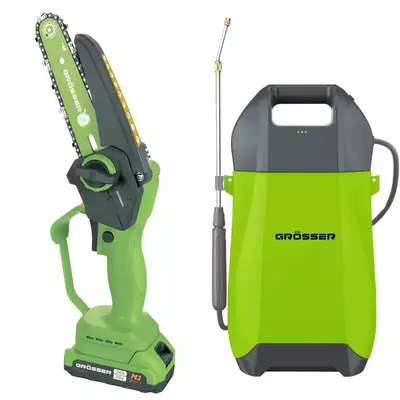 Акумуляторна ланцюгова пила Grosser GCS 601 та акумуляторний обприскувач Grosser GBS-8Li (набір №04)